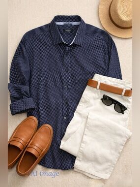 Big & Tall 2XL 3XL Navy Stretch Dress Shirt Micro Heart Print DXL Synrgy Men